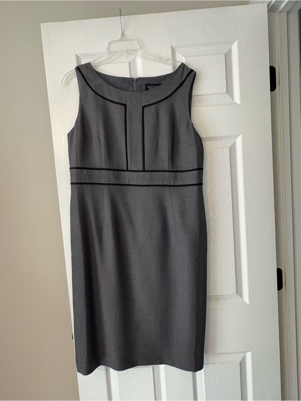 Sleeveless Gray Sheath Dress with Black Piping - Classic Office Midi